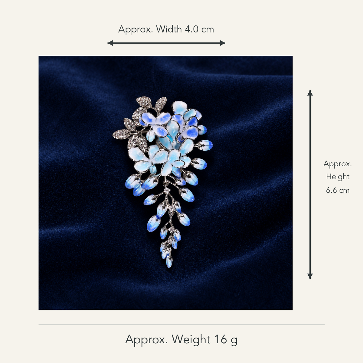 Size and weight guide for Small Blue wisteria brooch