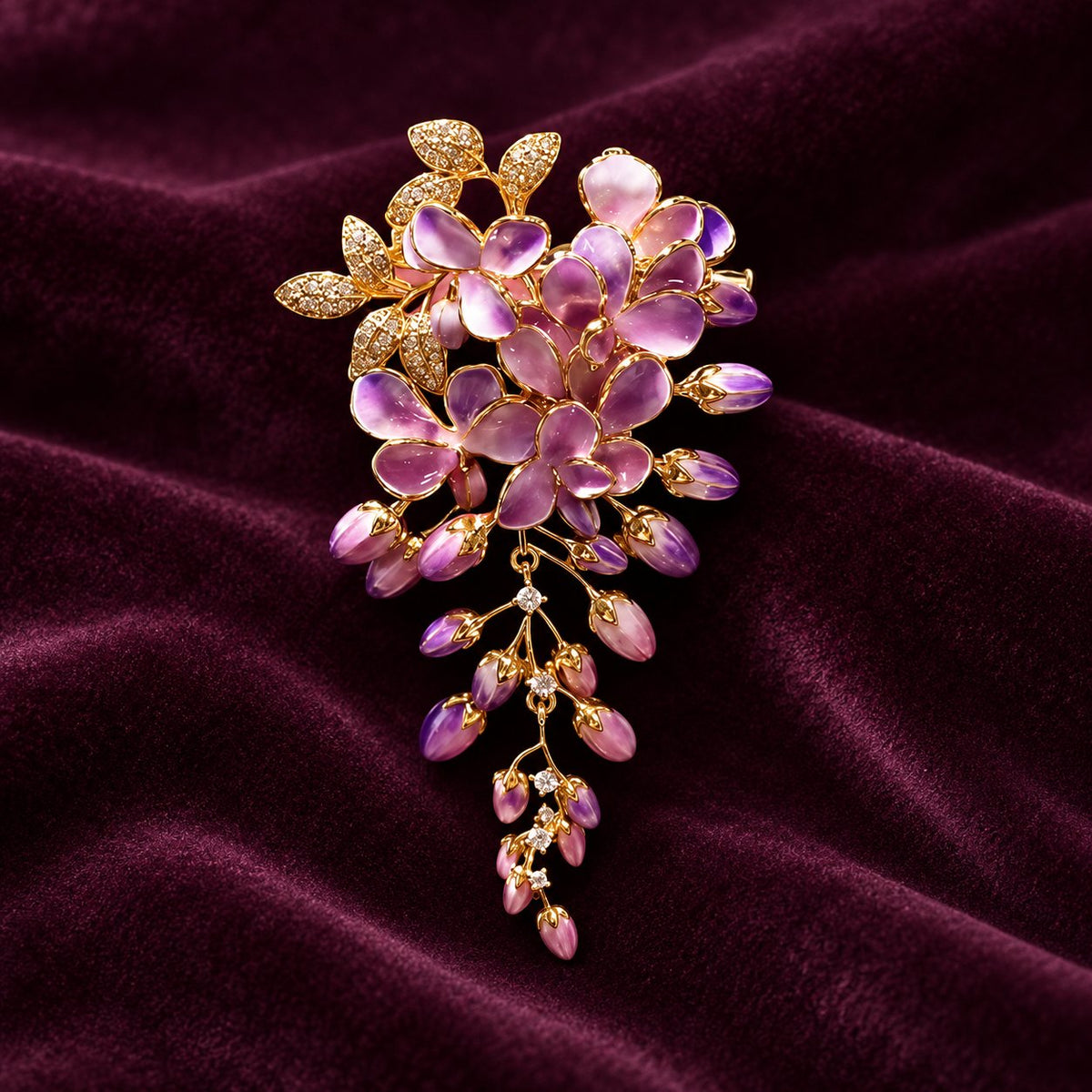 Purple wisteria flower tassel brooch, front view