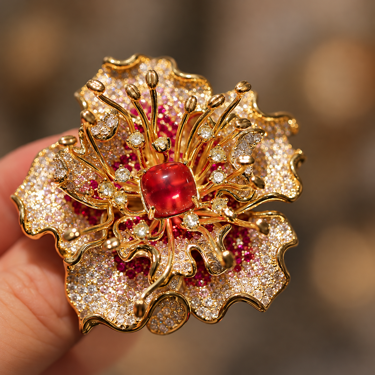 Red Chalcedony peony brooch held in hand