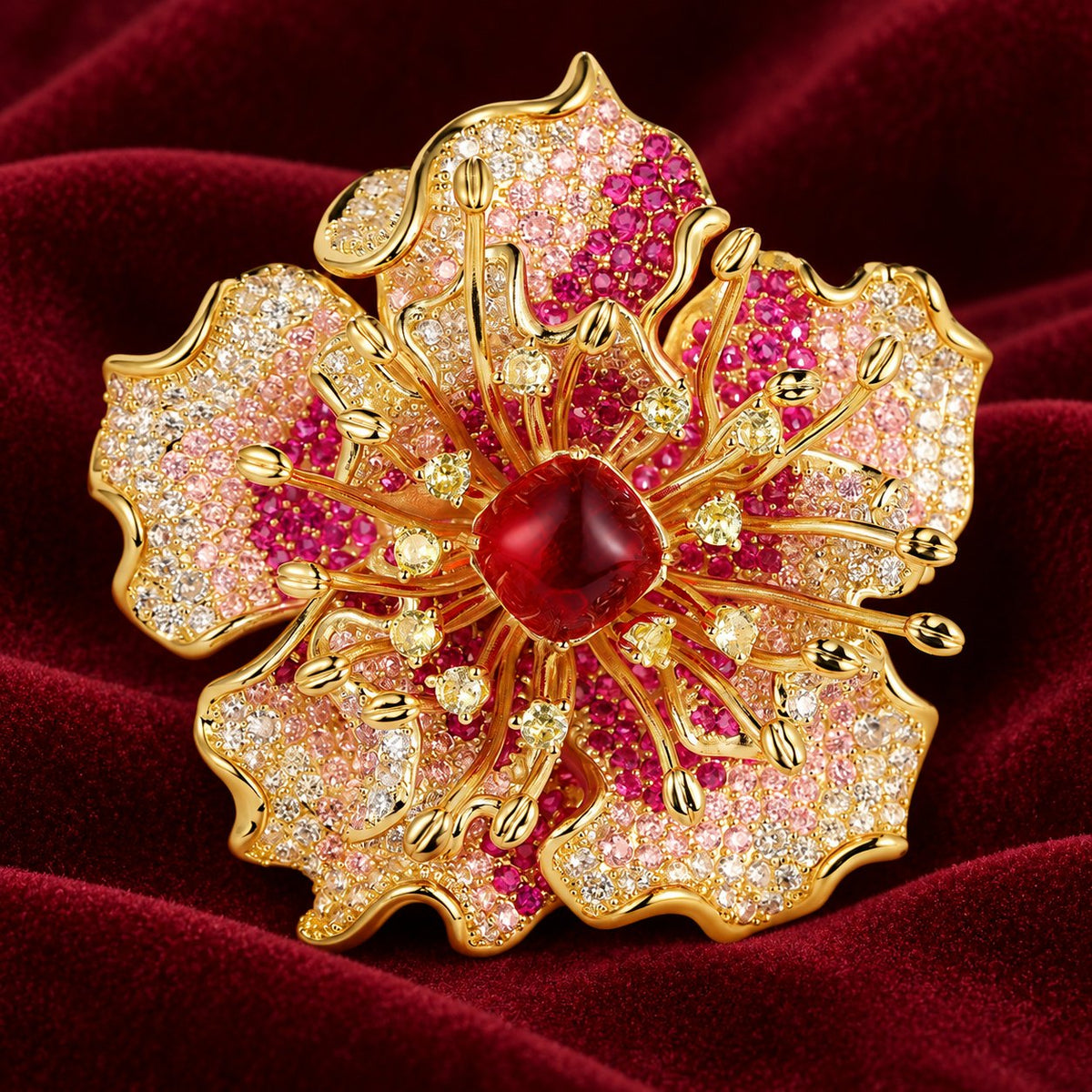Red Chalcedony peony brooch, front view with chalcedony center
