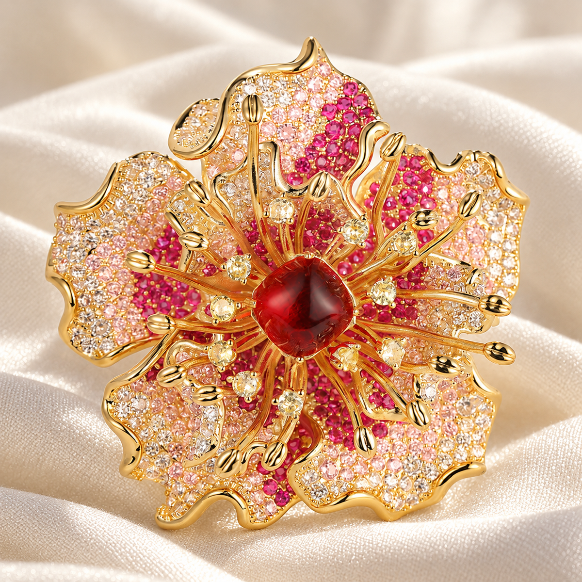 Red Chalcedony peony brooch in a tabletop display