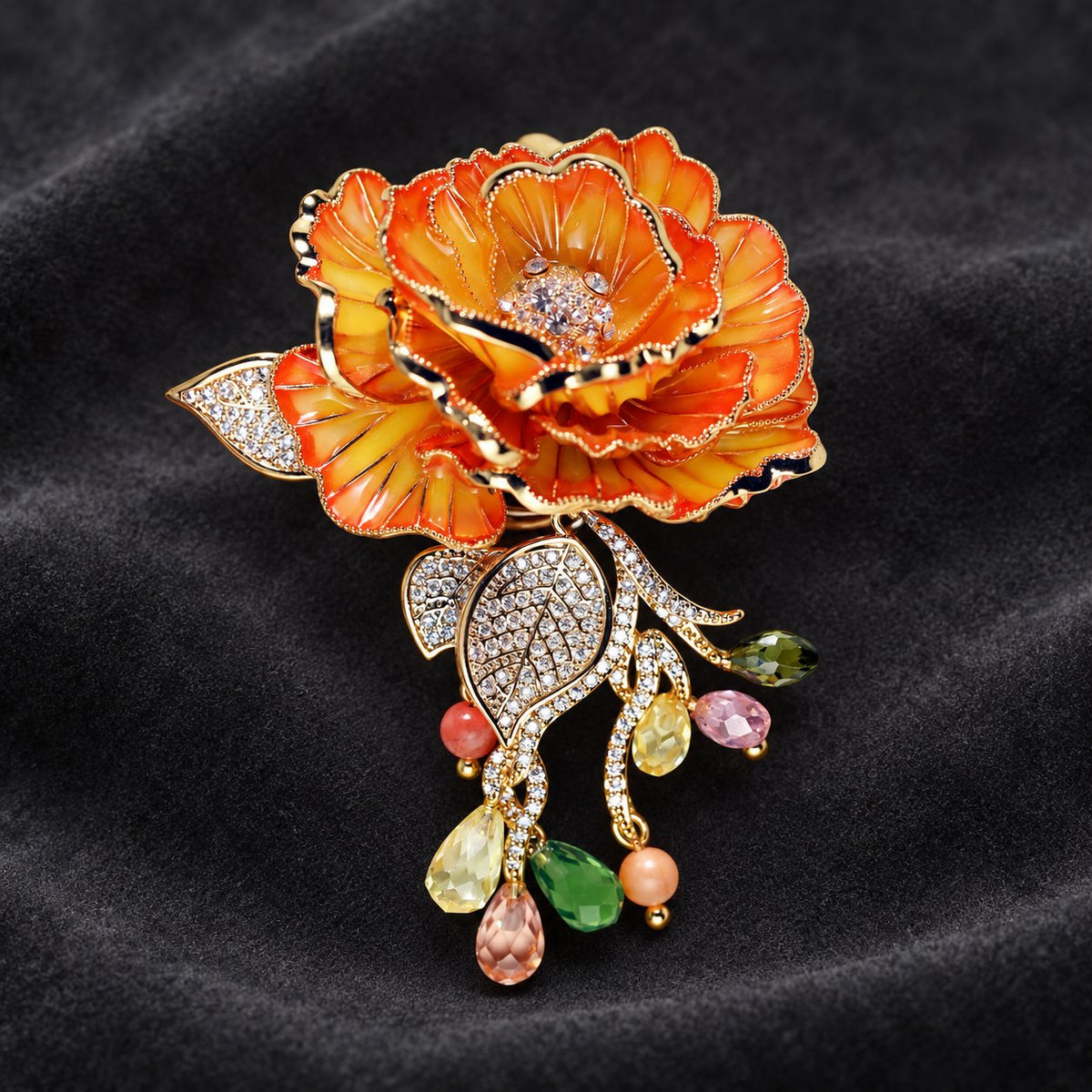 Orange Rose enamel rose brooch, front view