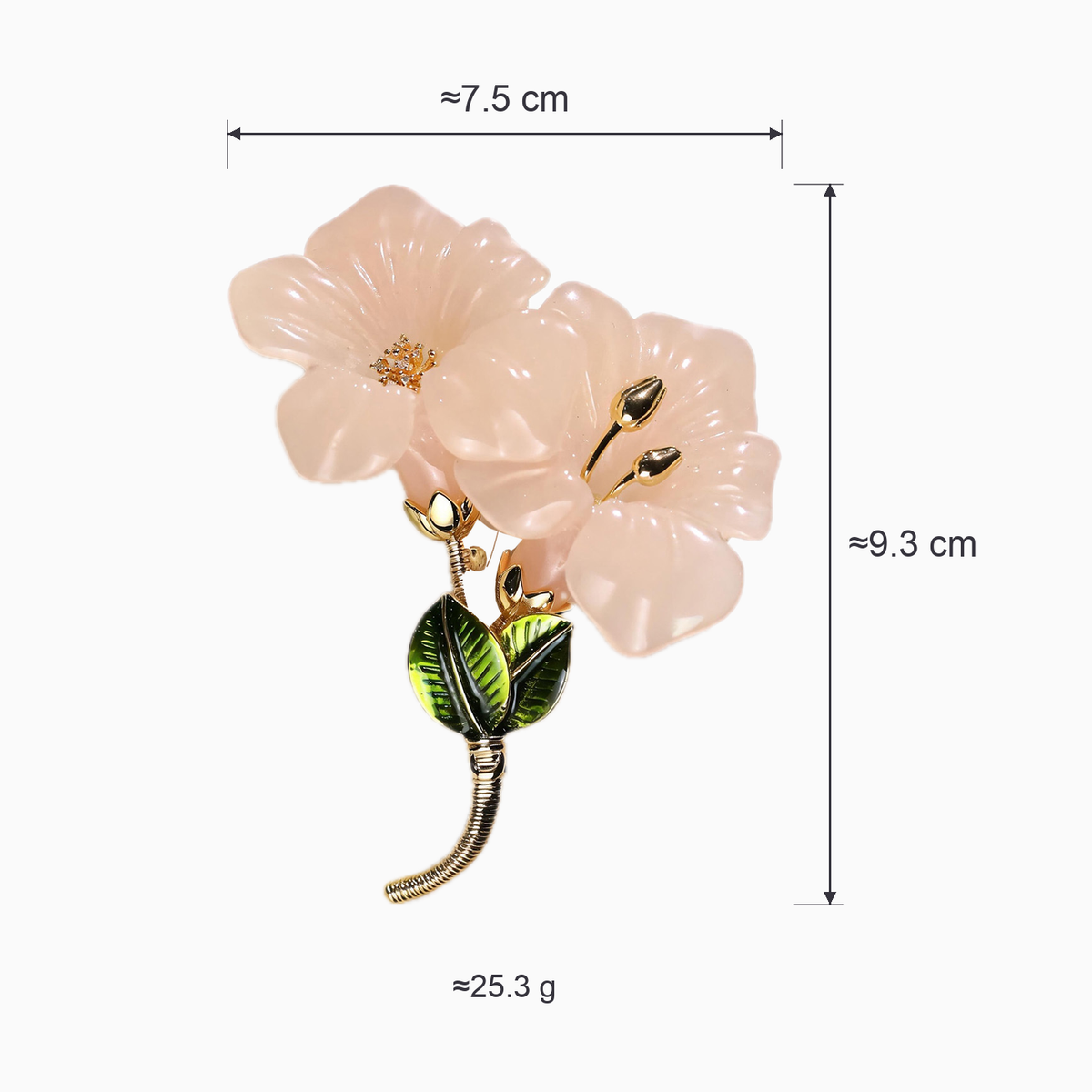 Size diagram of gold-tone center flower brooch showing approximately 7.5 cm width, 9.3 cm height and 25.3 g
