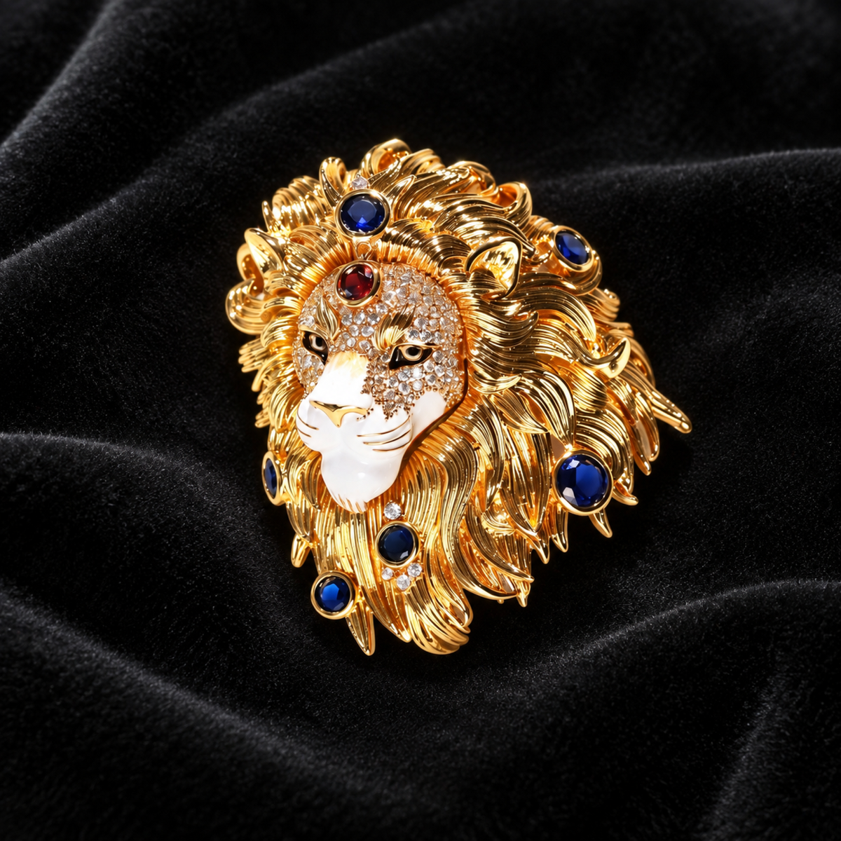 Gold tone lion head brooch with multicolor accents