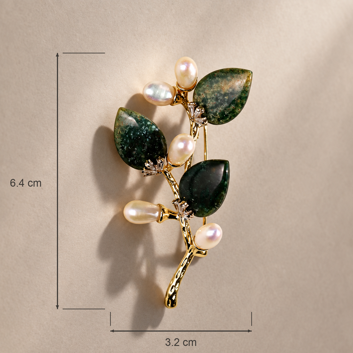 Dark Green natural stone flower branch brooch with freshwater pearls, size illustration showing approximately 3.2 cm wide and 6.4 cm high