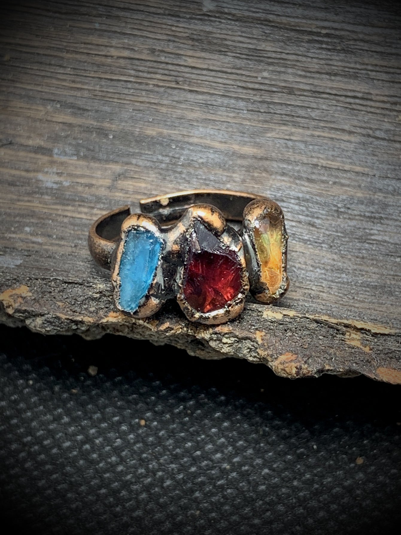 Trio-Gemstone Artisan Handmade Bronze Ring
