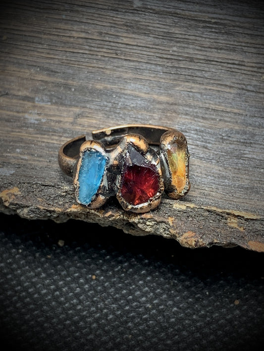 Trio-Gemstone Artisan Handmade Bronze Ring