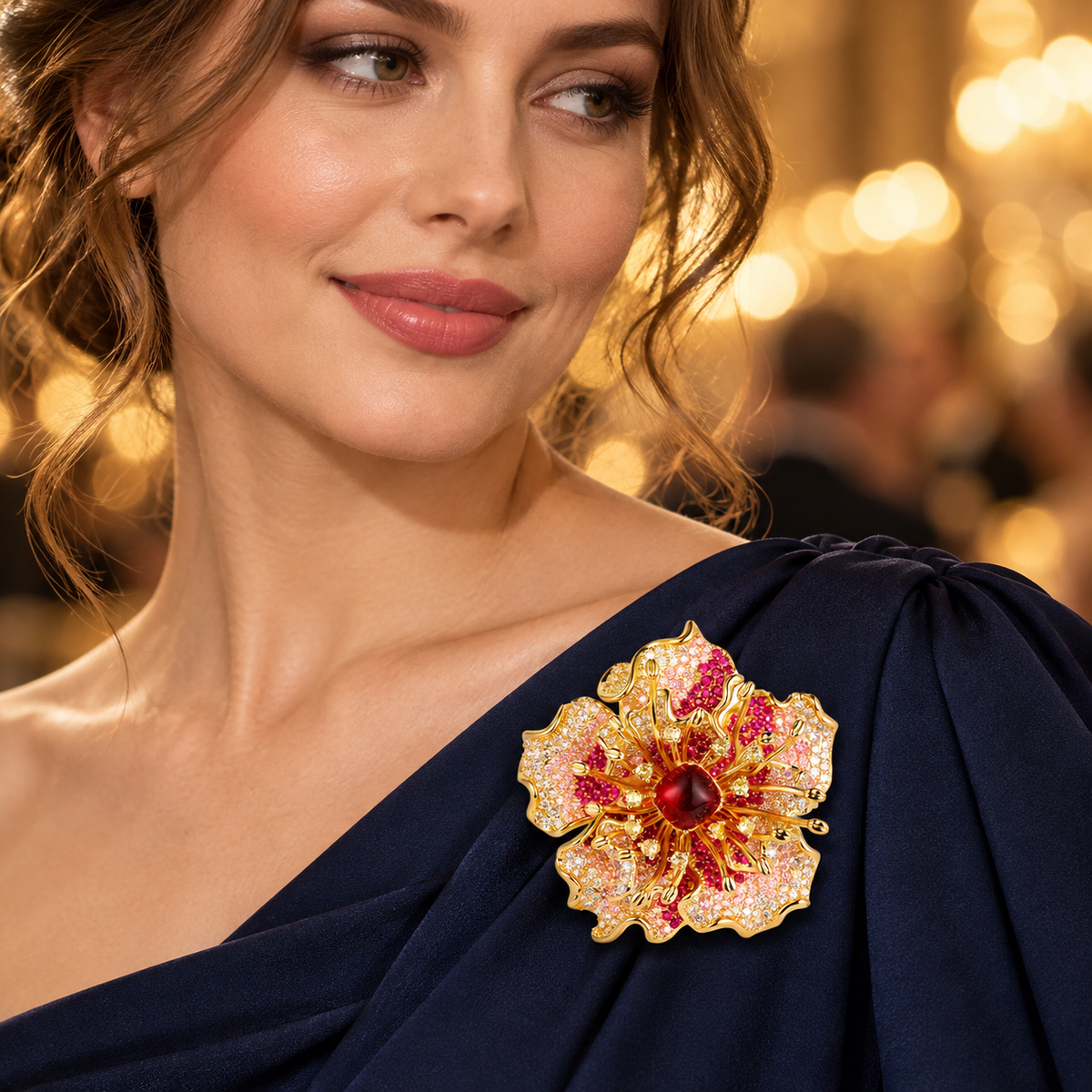 Red Chalcedony peony brooch worn on clothing