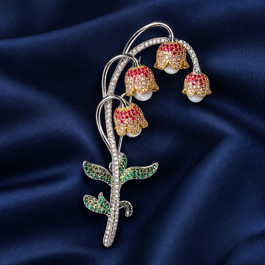 Lily of the valley brooch with mixed-tone white bead drops, main view