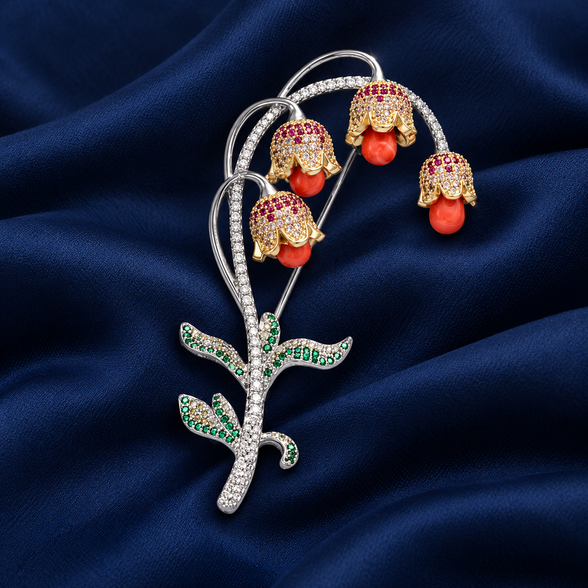 Lily of the valley brooch with mixed-tone red stone drops, main view