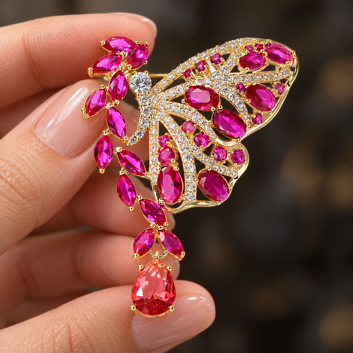 Red drop butterfly brooch held in a hand
