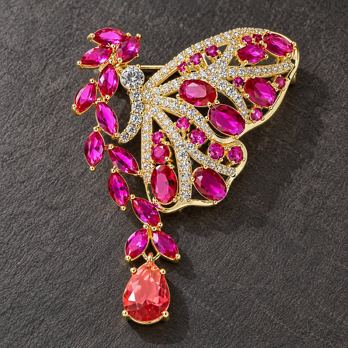 Red drop butterfly brooch, full front view