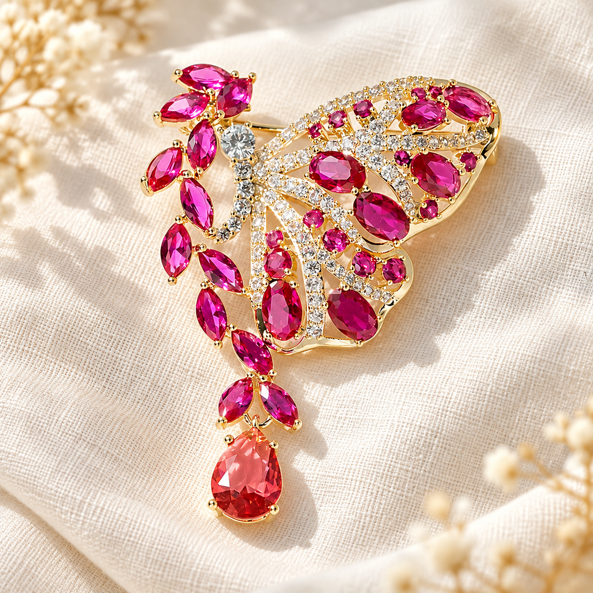 Red drop butterfly brooch on fabric