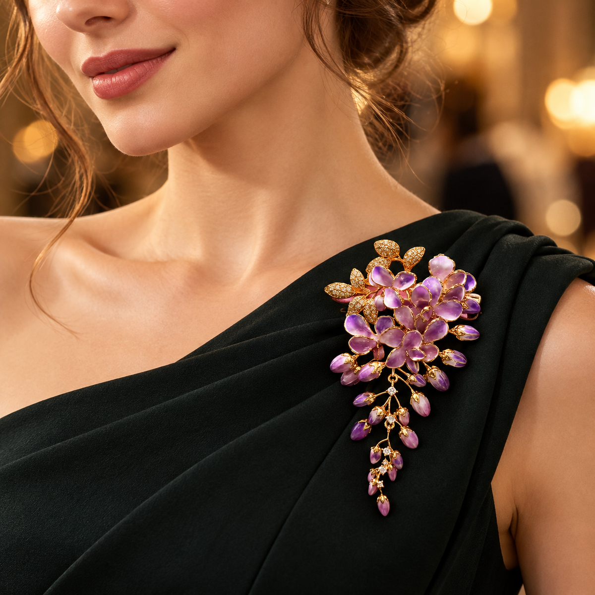 Purple wisteria flower tassel brooch, worn on a dress