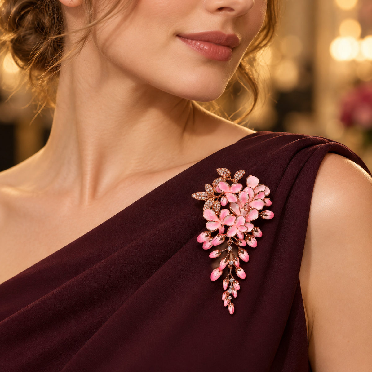 Small Pink wisteria flower tassel brooch, worn on a dress