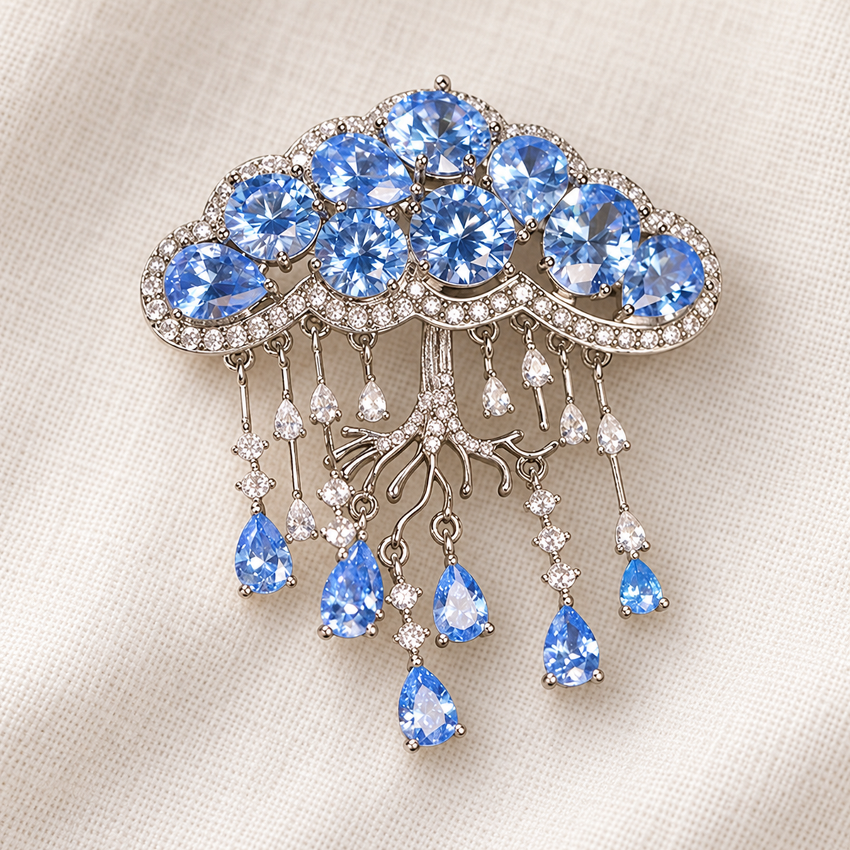 Light Blue Cloud cloud tassel brooch and pendant in a tabletop setting