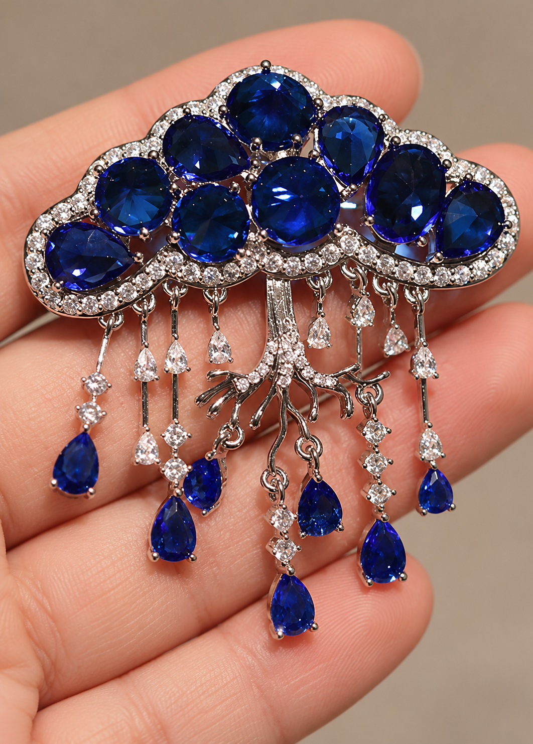 Dark Blue Cloud cloud tassel brooch and pendant held in a hand
