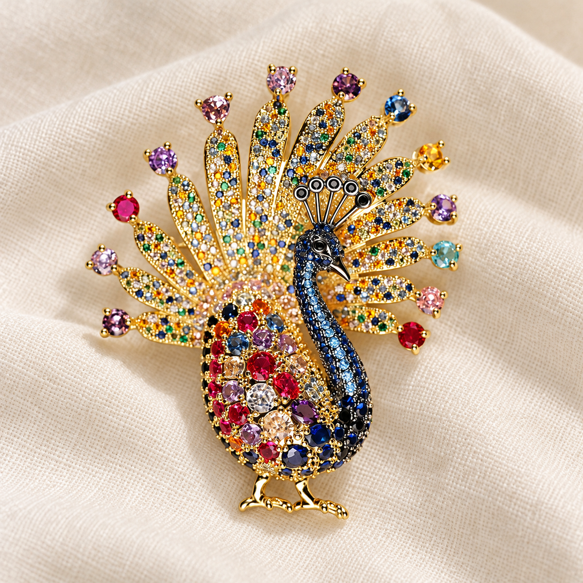 Gold-tone green-neck peacock brooch on a soft fabric tabletop