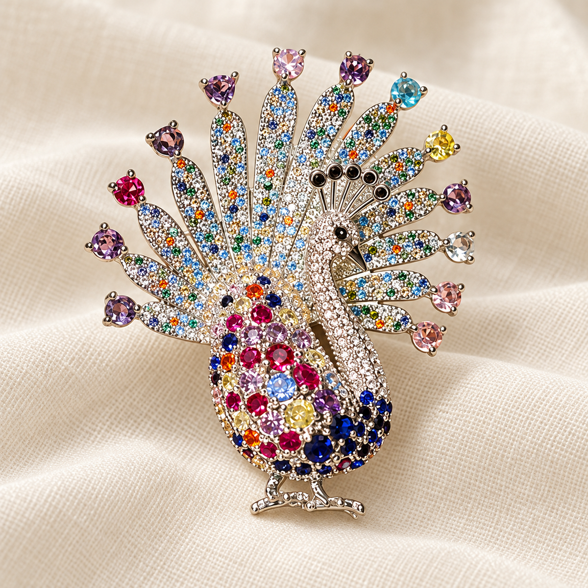Silver-tone multicolor peacock brooch on a soft fabric tabletop