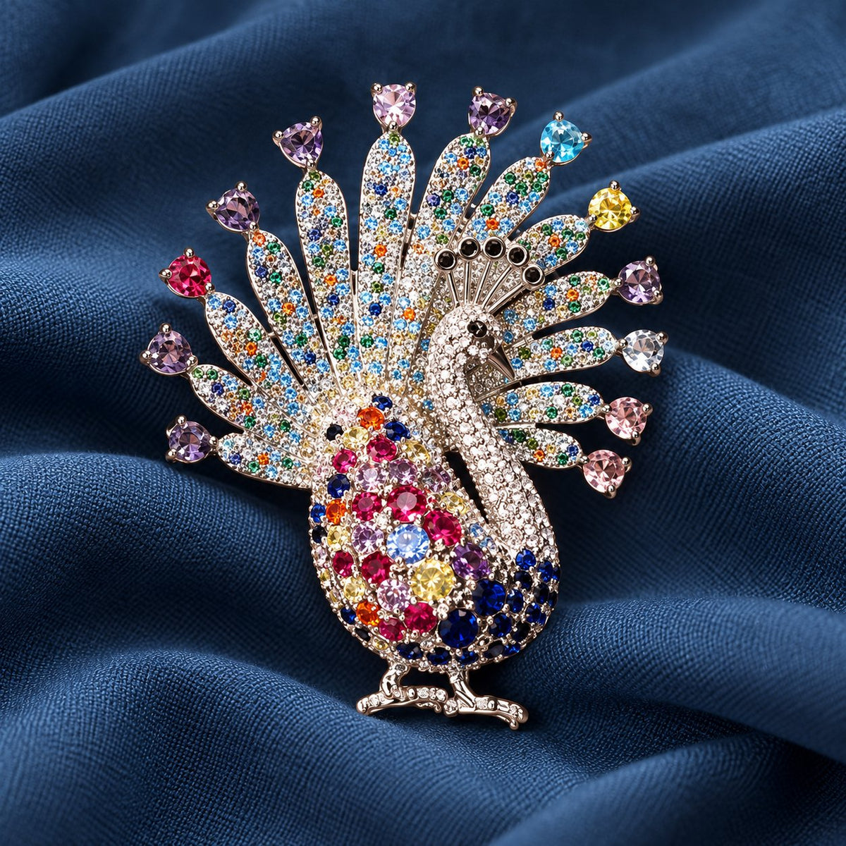 Silver-tone multicolor peacock brooch with a fan tail