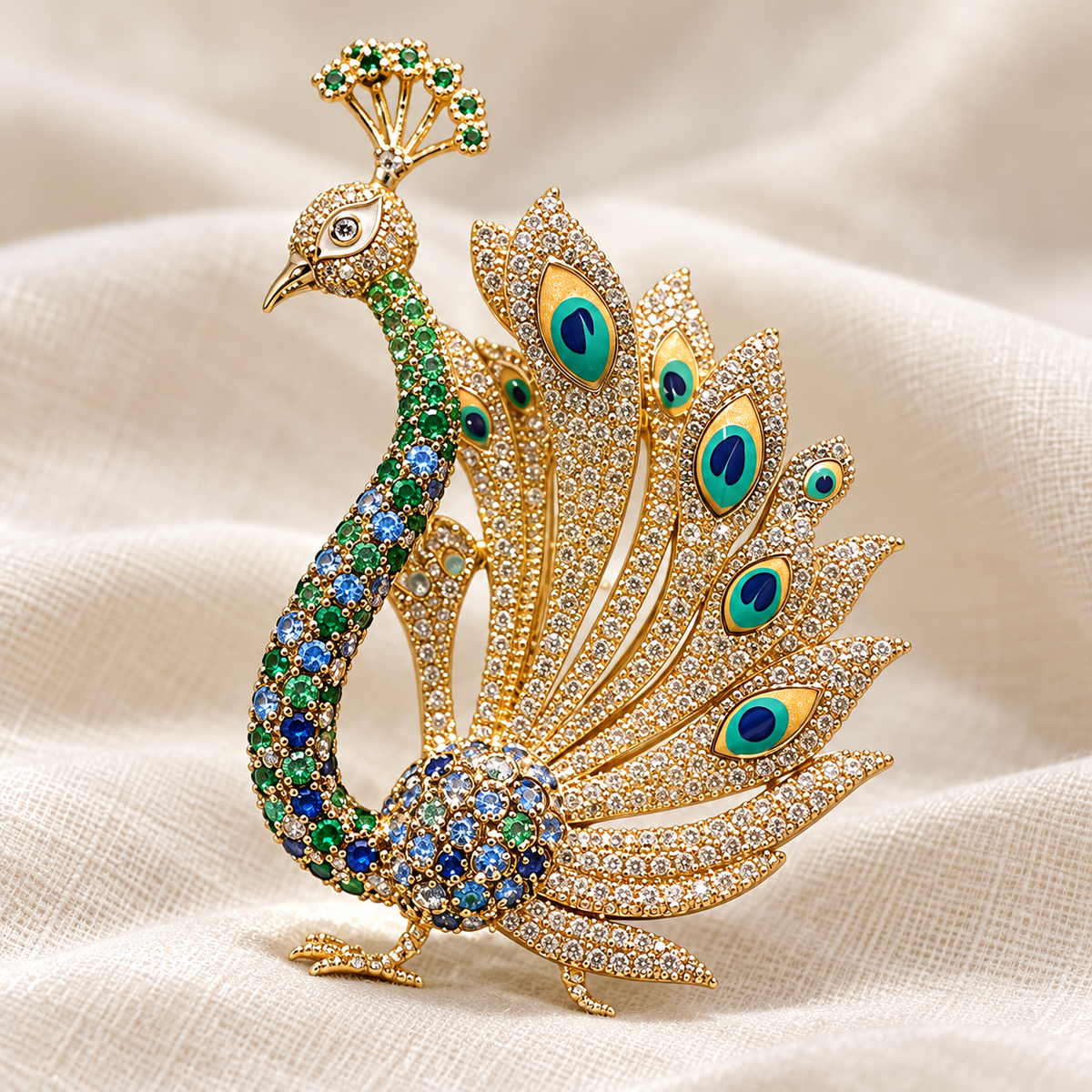 Green display peacock brooch on a soft fabric tabletop