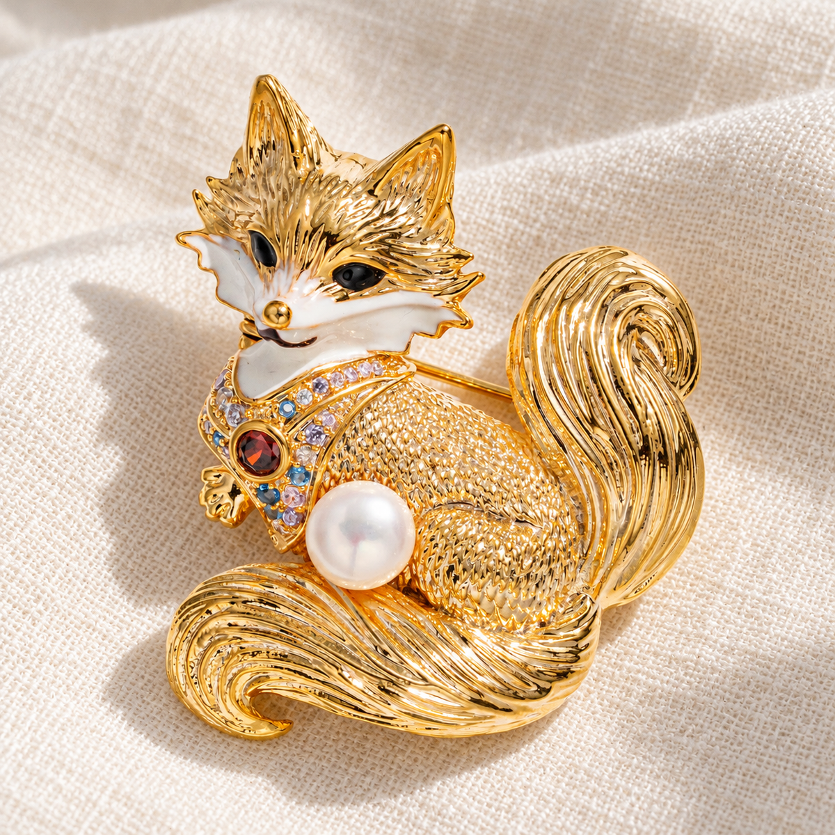 YC016 Gold Tone freshwater pearl fox brooch on fabric