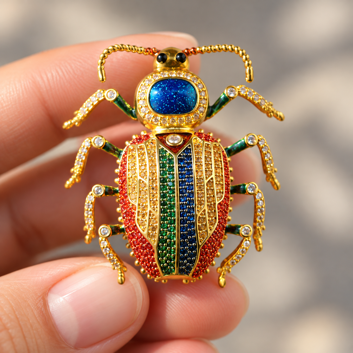 Multicolor beetle brooch held between fingertips