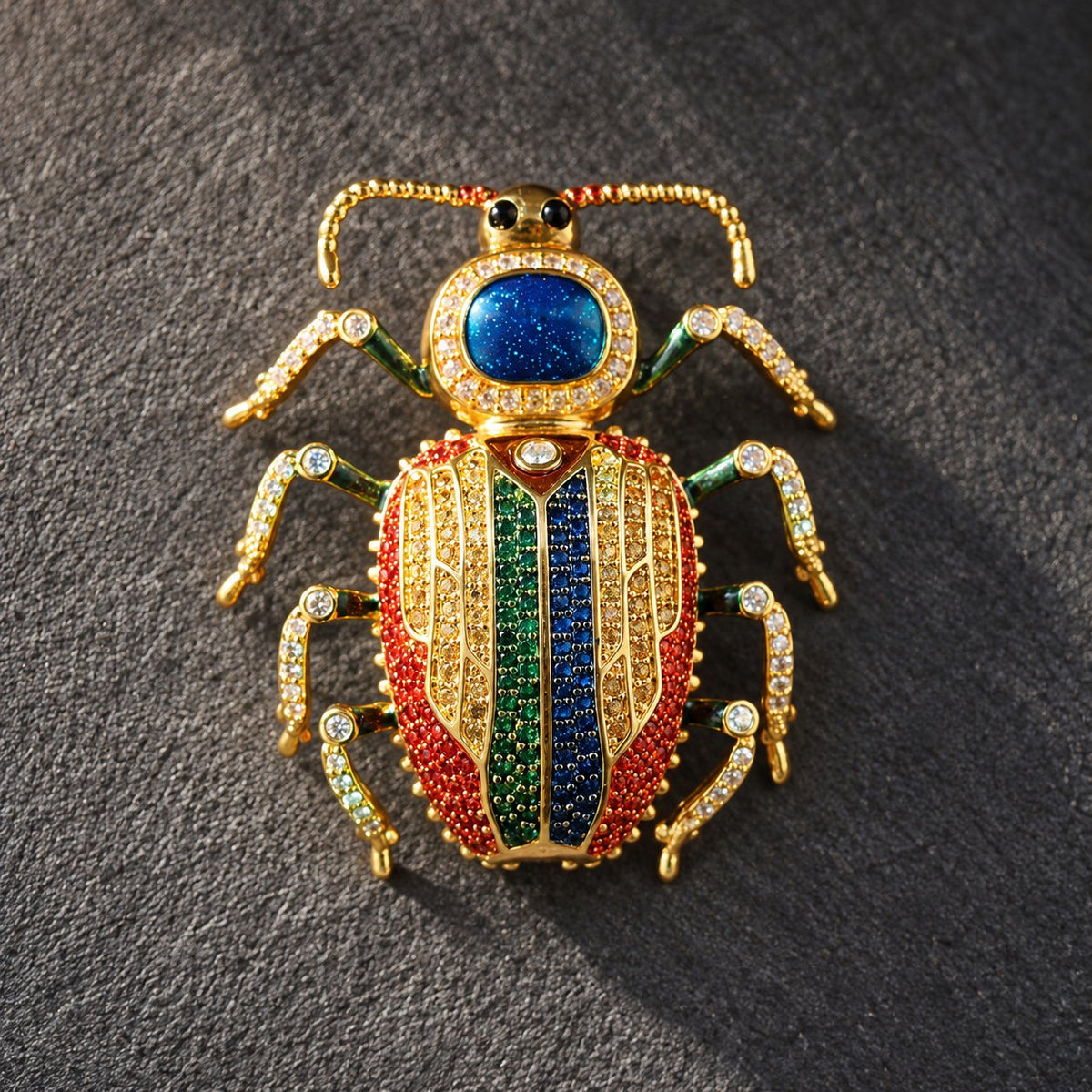 Multicolor beetle brooch, full front view
