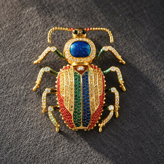 Multicolor beetle brooch, full front view