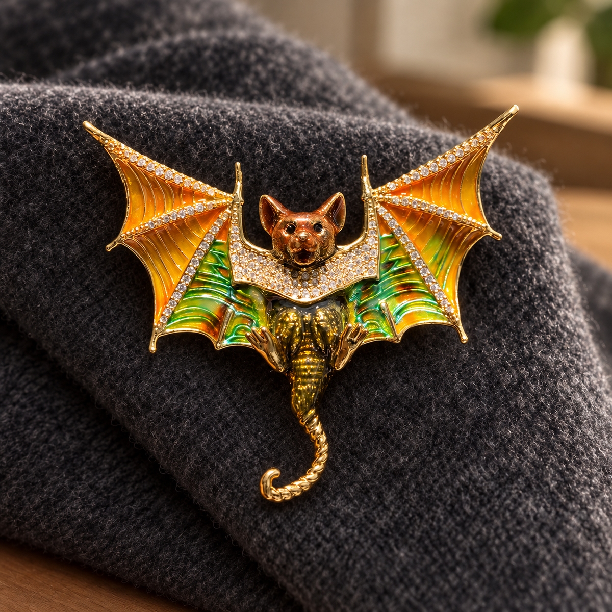 Colorful copper bat brooch with orange and green wings and curled tail, lifestyle view