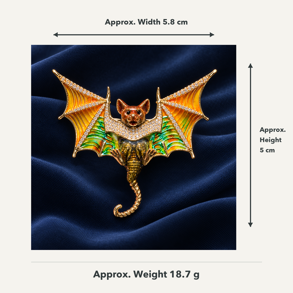 Colorful bat brooch approximately 5.8 cm wide, 5 cm high and 18.7 g