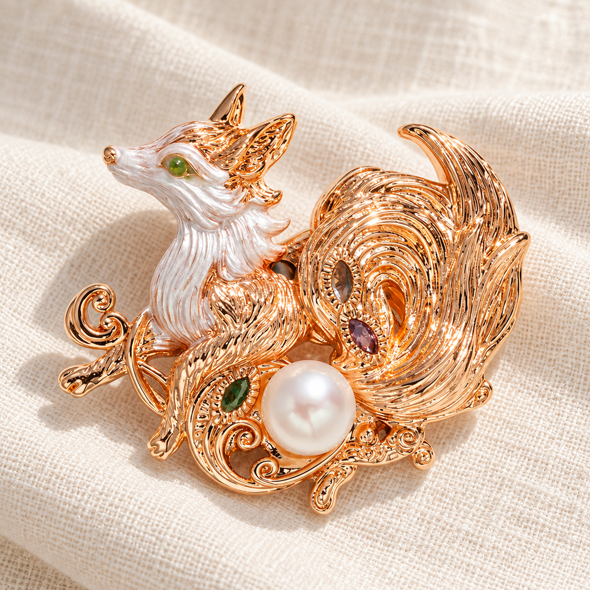 YC024 Rose Gold Tone freshwater pearl fox brooch on fabric