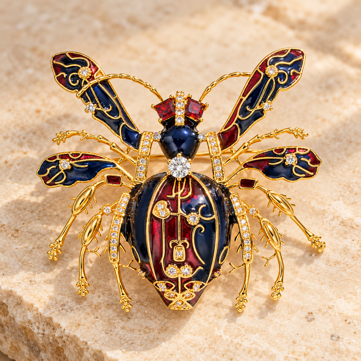 Red Ant brooch in a tabletop setting