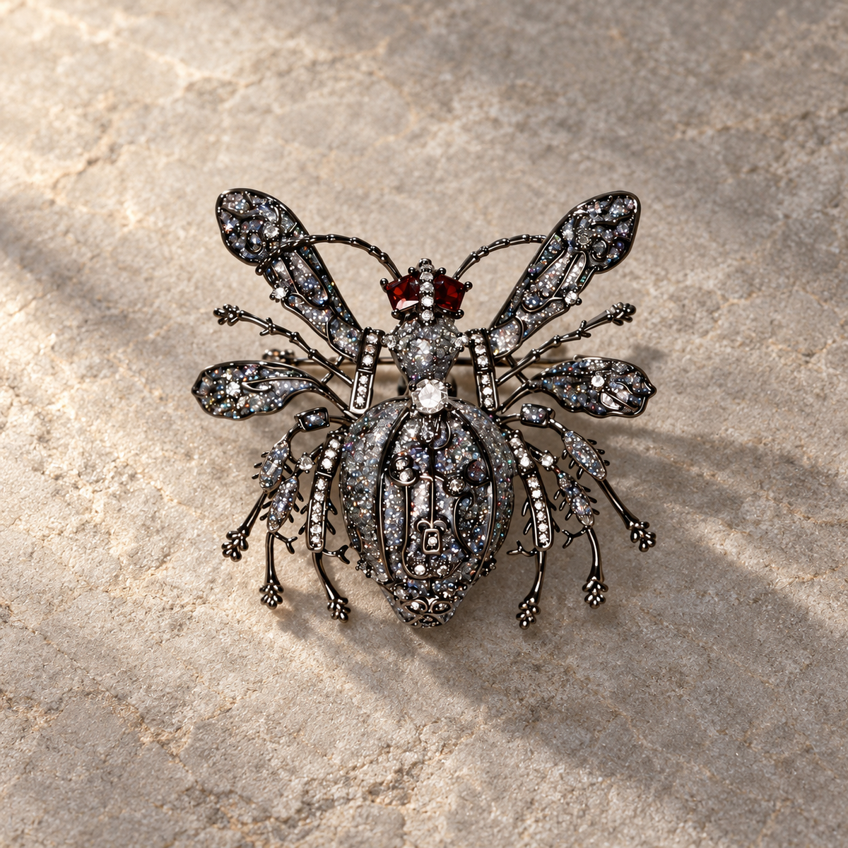 Gunmetal Black Ant brooch in a tabletop setting