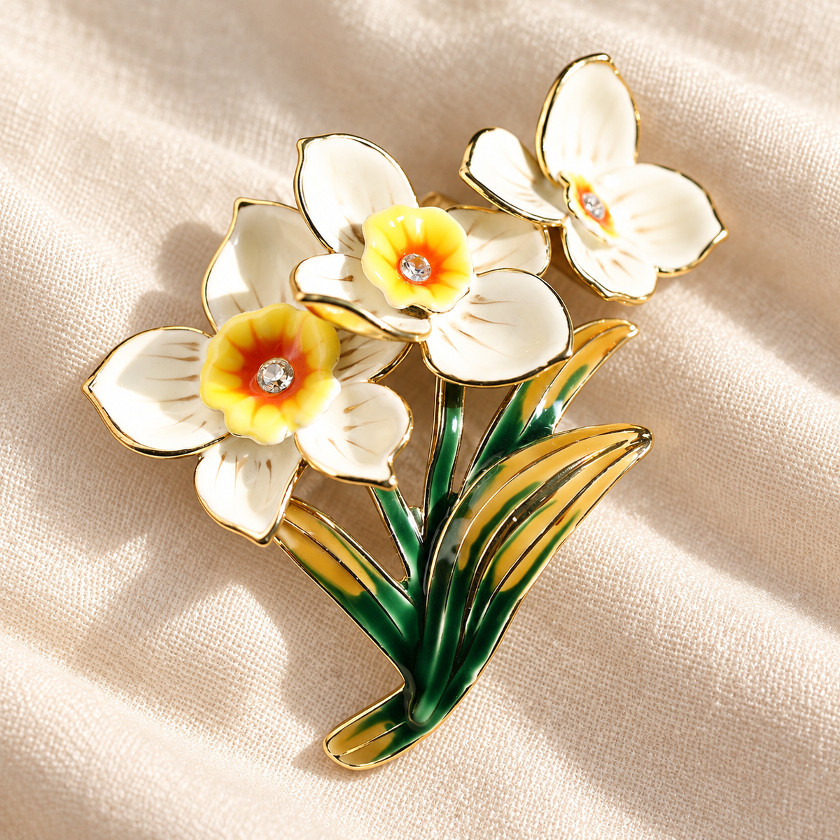 Vintage Daffodil brooch in a tabletop setting
