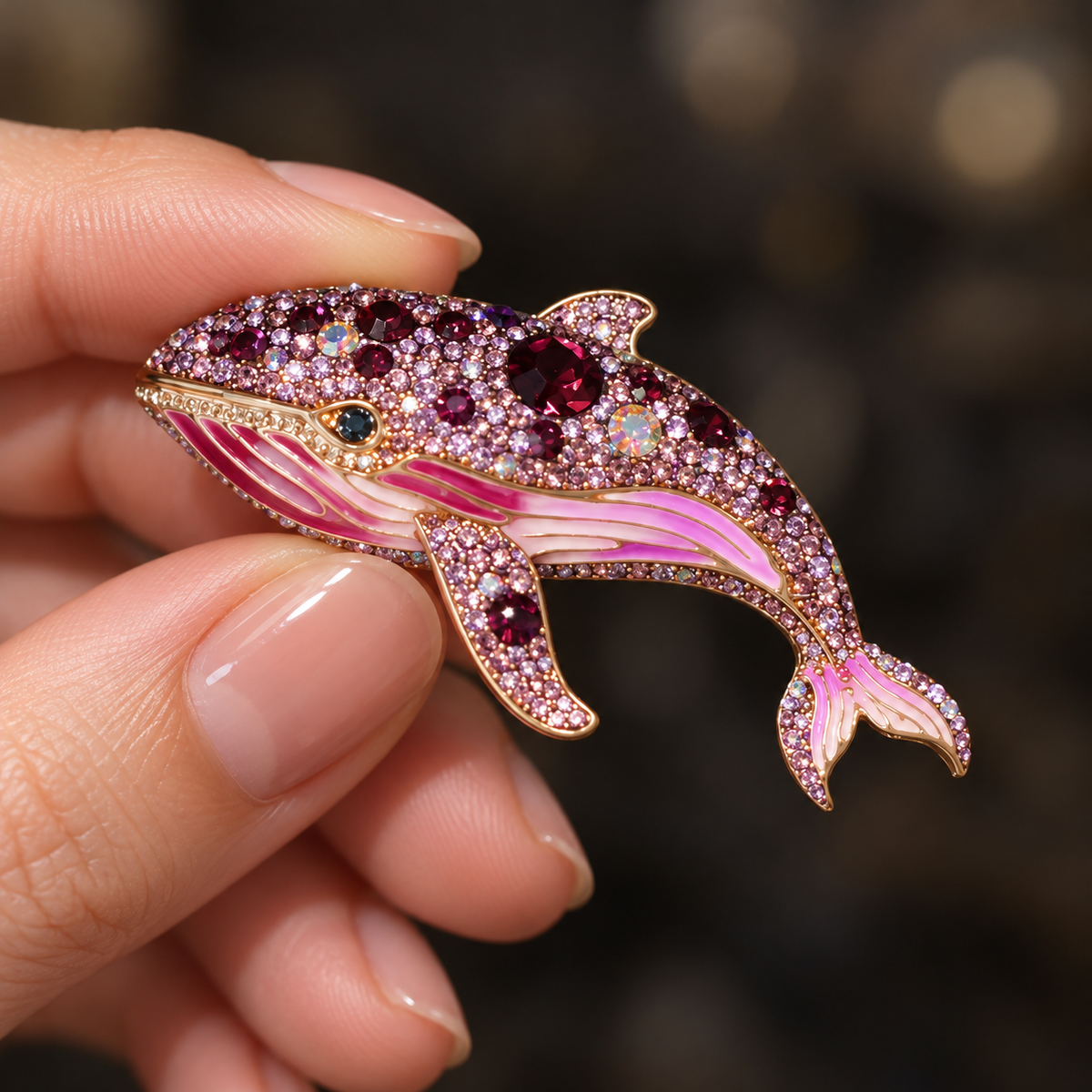 Purple whale brooch held in a hand