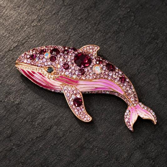 Purple whale brooch, full front view