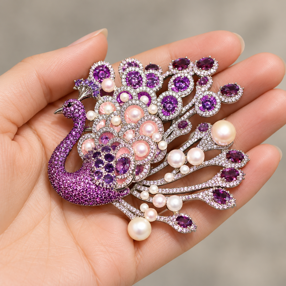 Purple Peacock with Freshwater Pearls purple peacock pearl brooch held in a hand