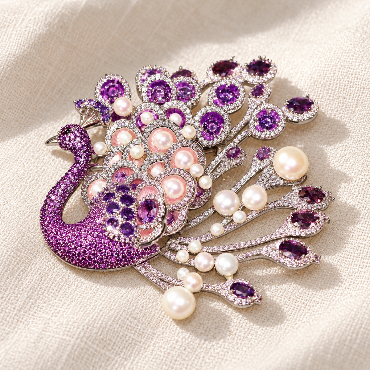 Purple Peacock with Freshwater Pearls purple peacock pearl brooch in a tabletop setting