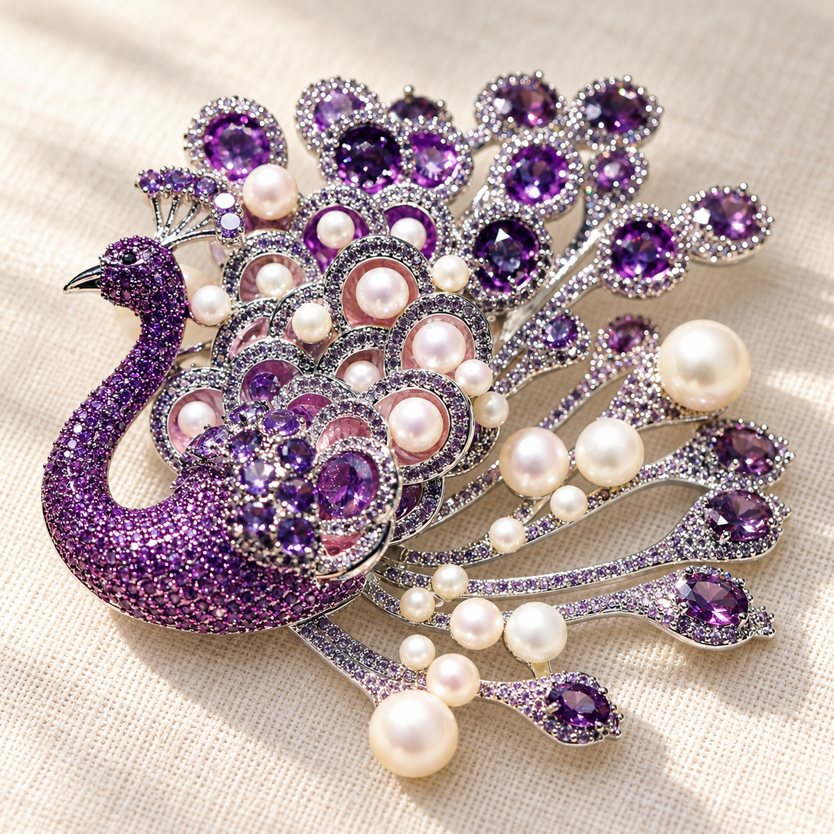 Purple Peacock with Shell Pearls purple peacock pearl brooch in a tabletop setting