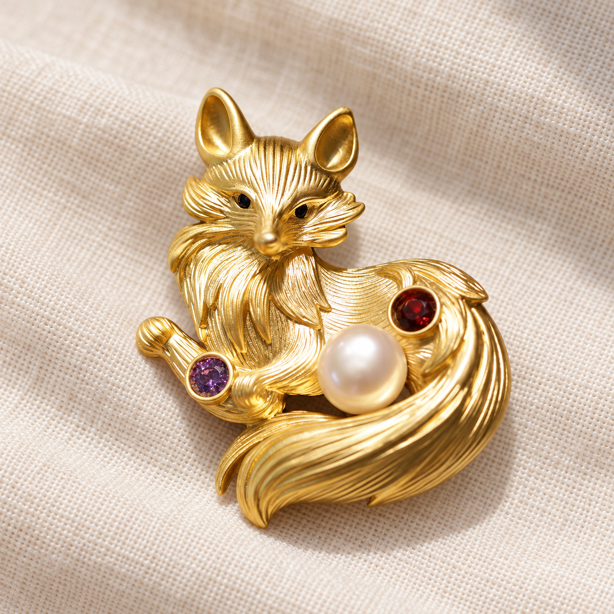 Gold Tone freshwater pearl fox brooch on a fabric tabletop