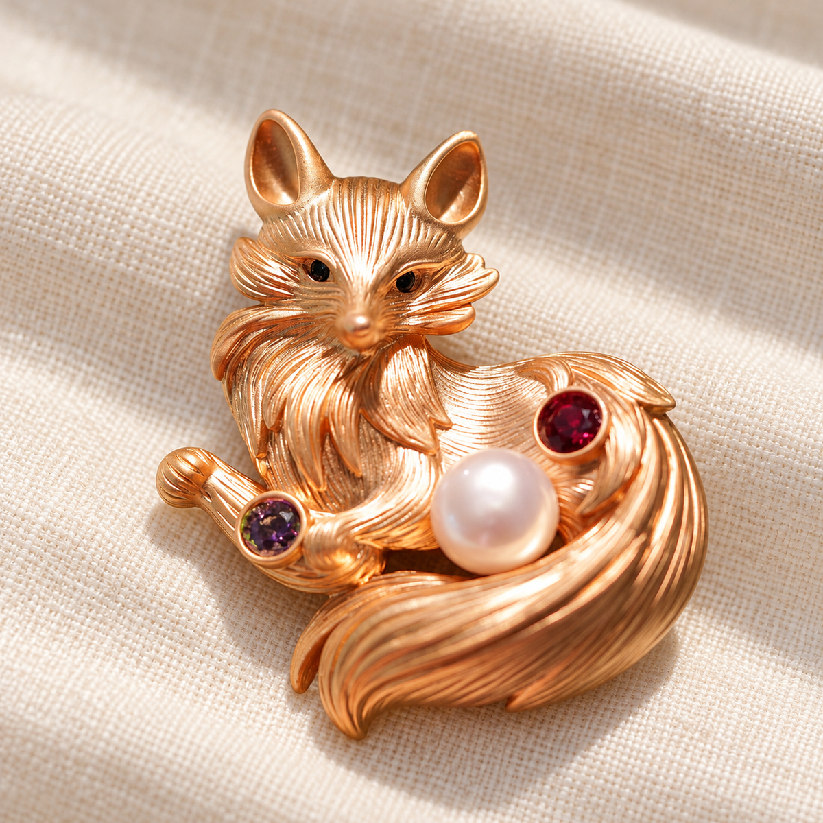 Rose Gold Tone freshwater pearl fox brooch on a fabric tabletop