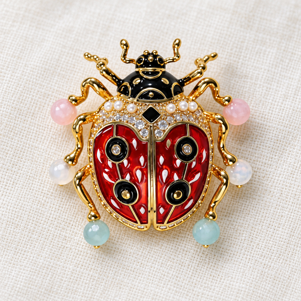 Crystal Style ladybug brooch in a tabletop setting