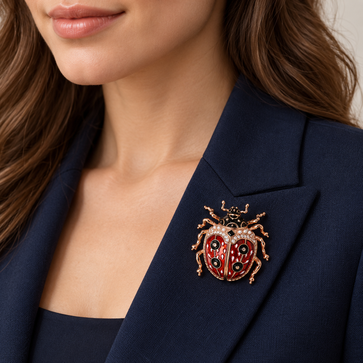 Rose Gold Tone ladybug brooch worn on a jacket lapel