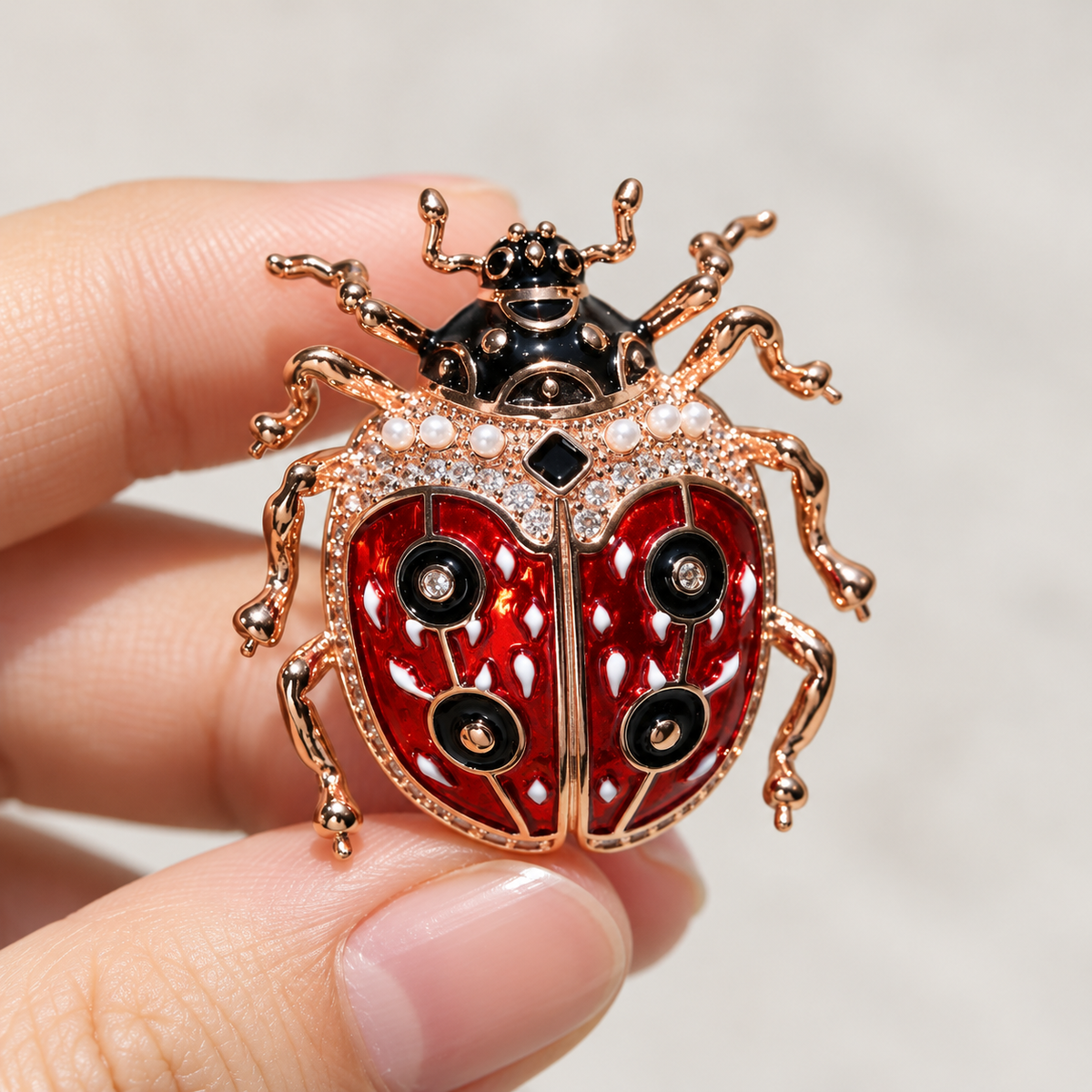 Rose Gold Tone ladybug brooch held in a hand