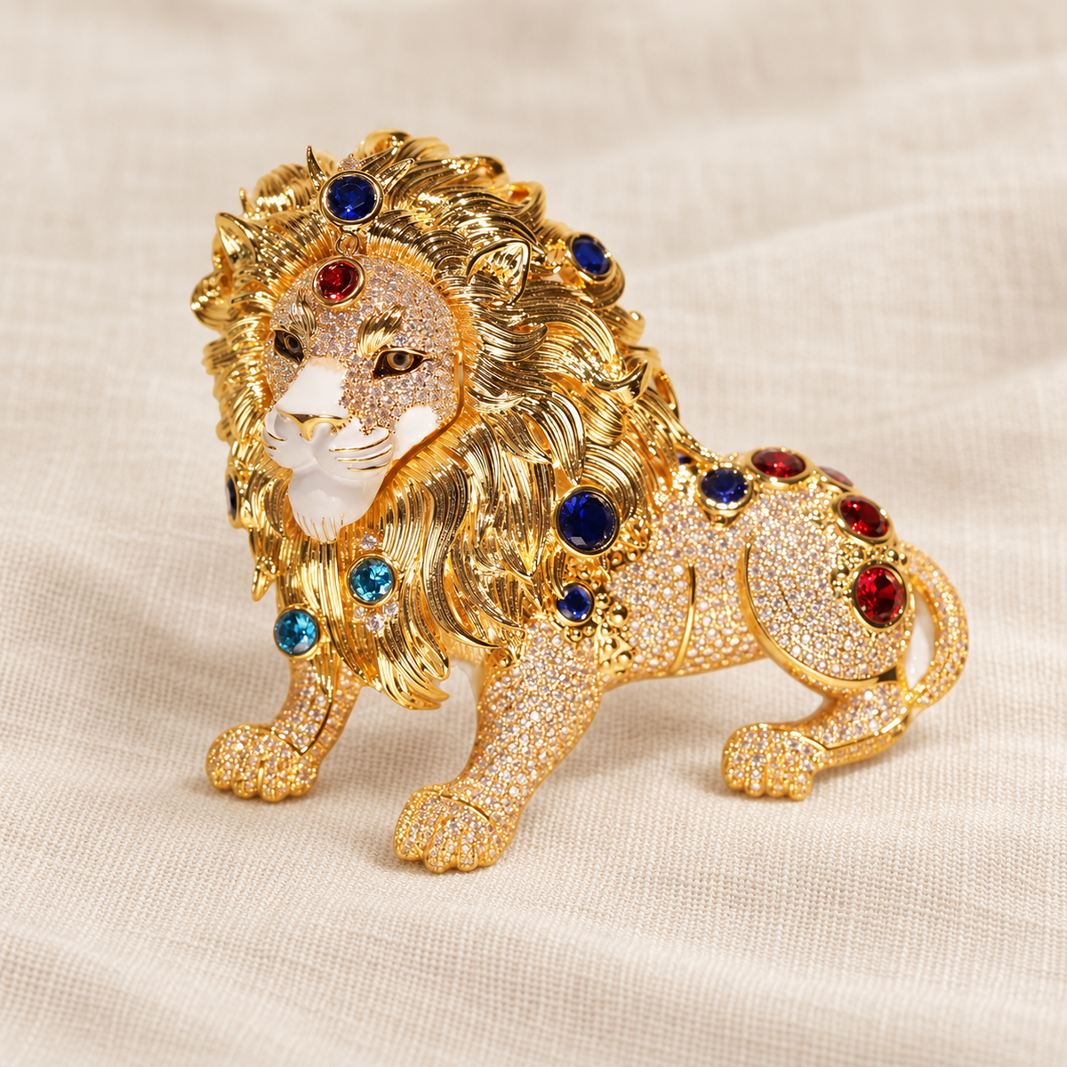 Gold Tone Lion brooch in a tabletop setting