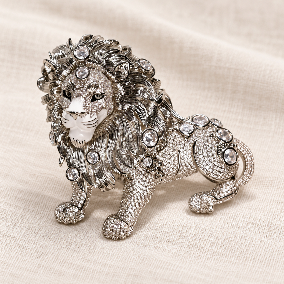 Silver Tone Lion brooch in a tabletop setting