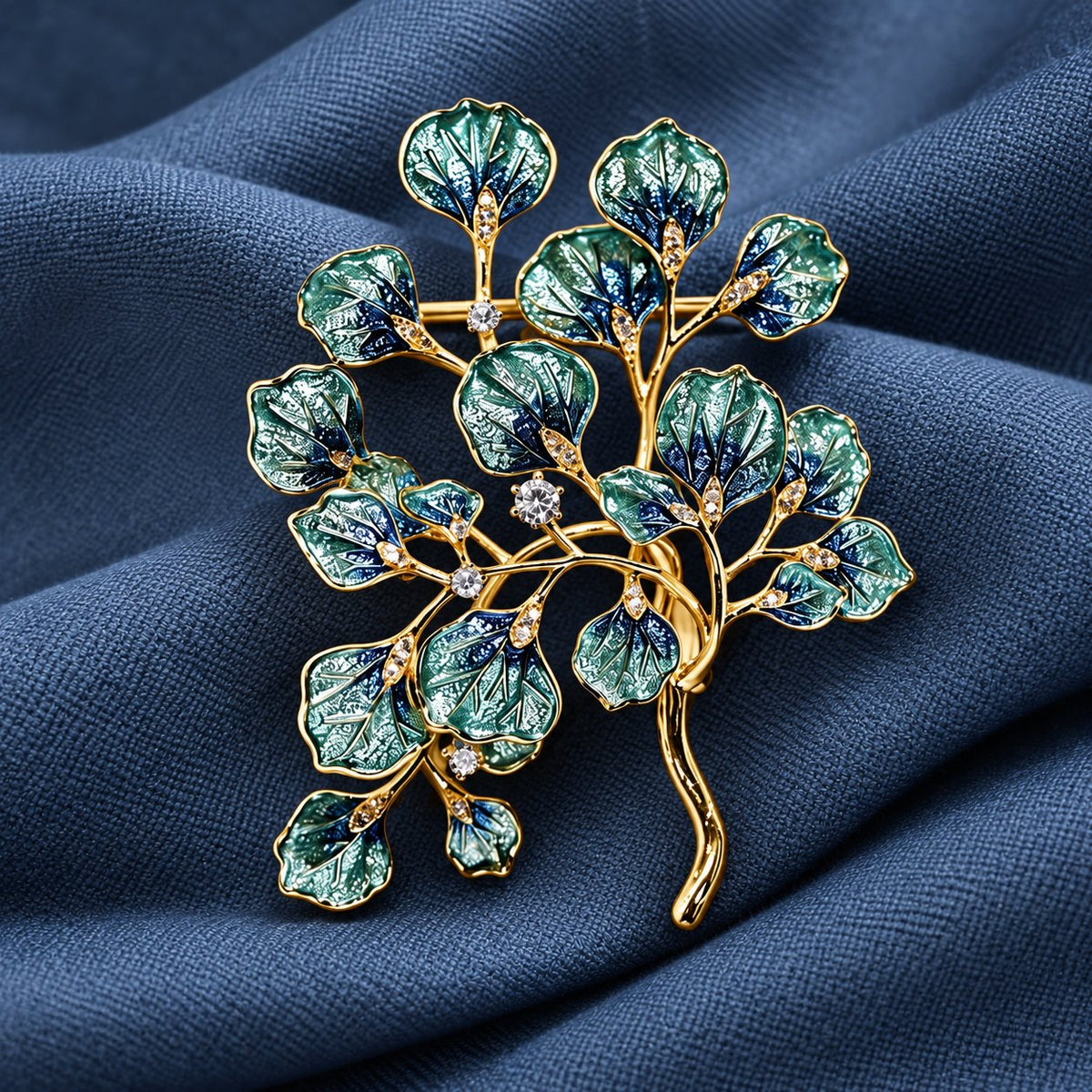 Blue Eucalyptus brooch, front view