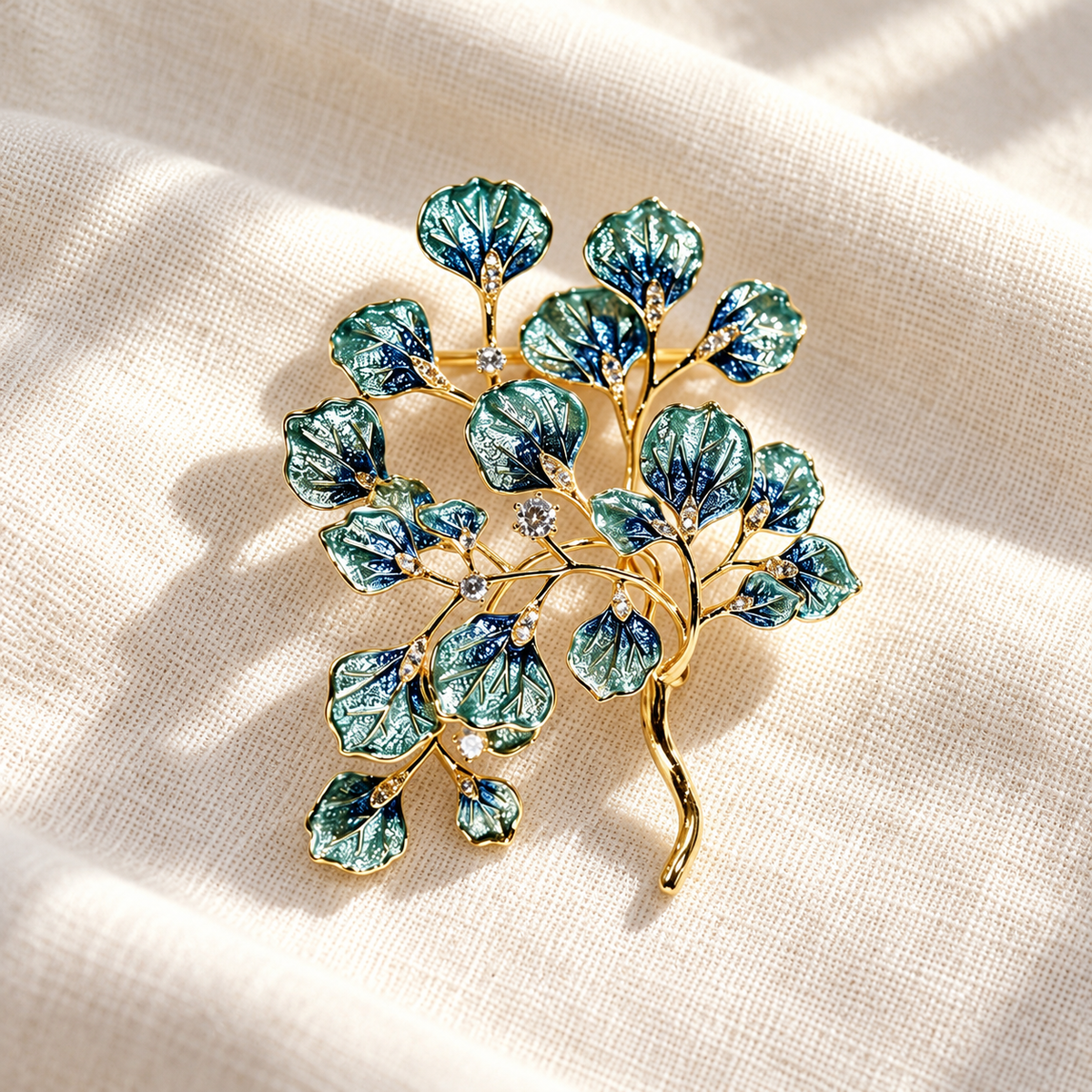 Blue Eucalyptus brooch in a tabletop setting
