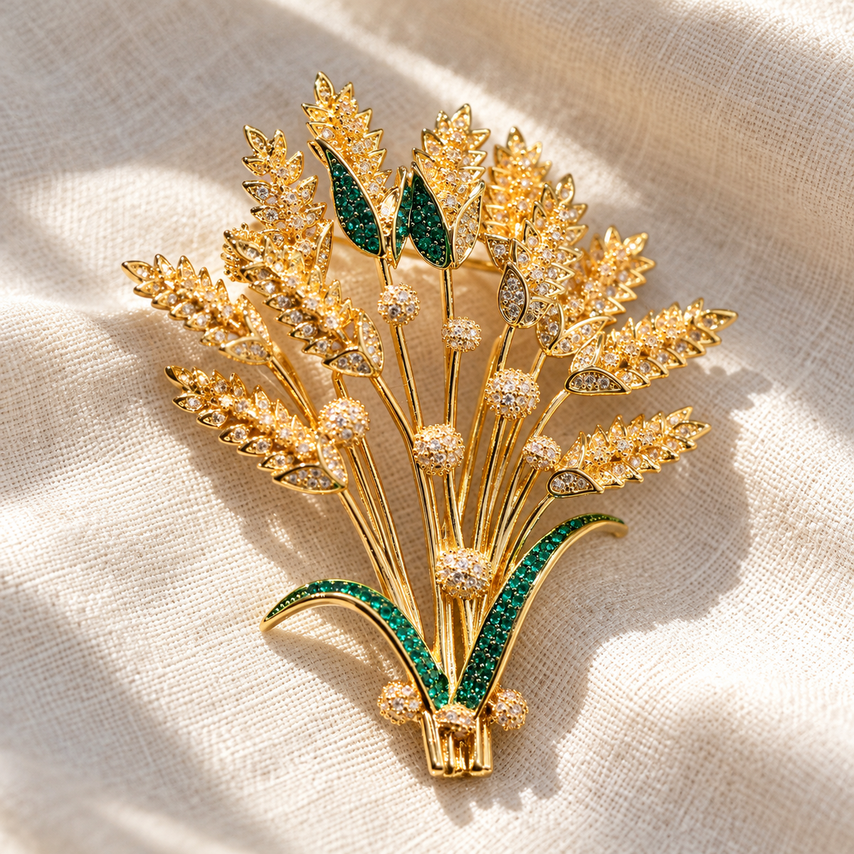 Gold tone wheat sheaf brooch on fabric